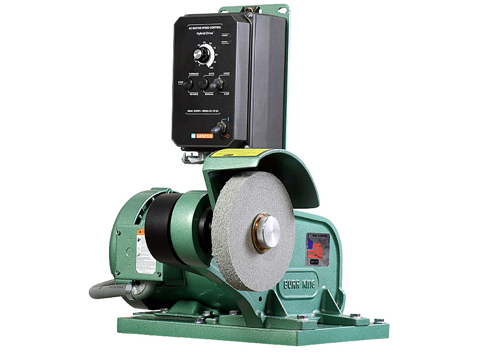 61110 model 600 polishing lathe / buffer / deburring machine with deburring wheel.  

120 volt variable speed 3/4 HP motor.

Shown from the right hand side.